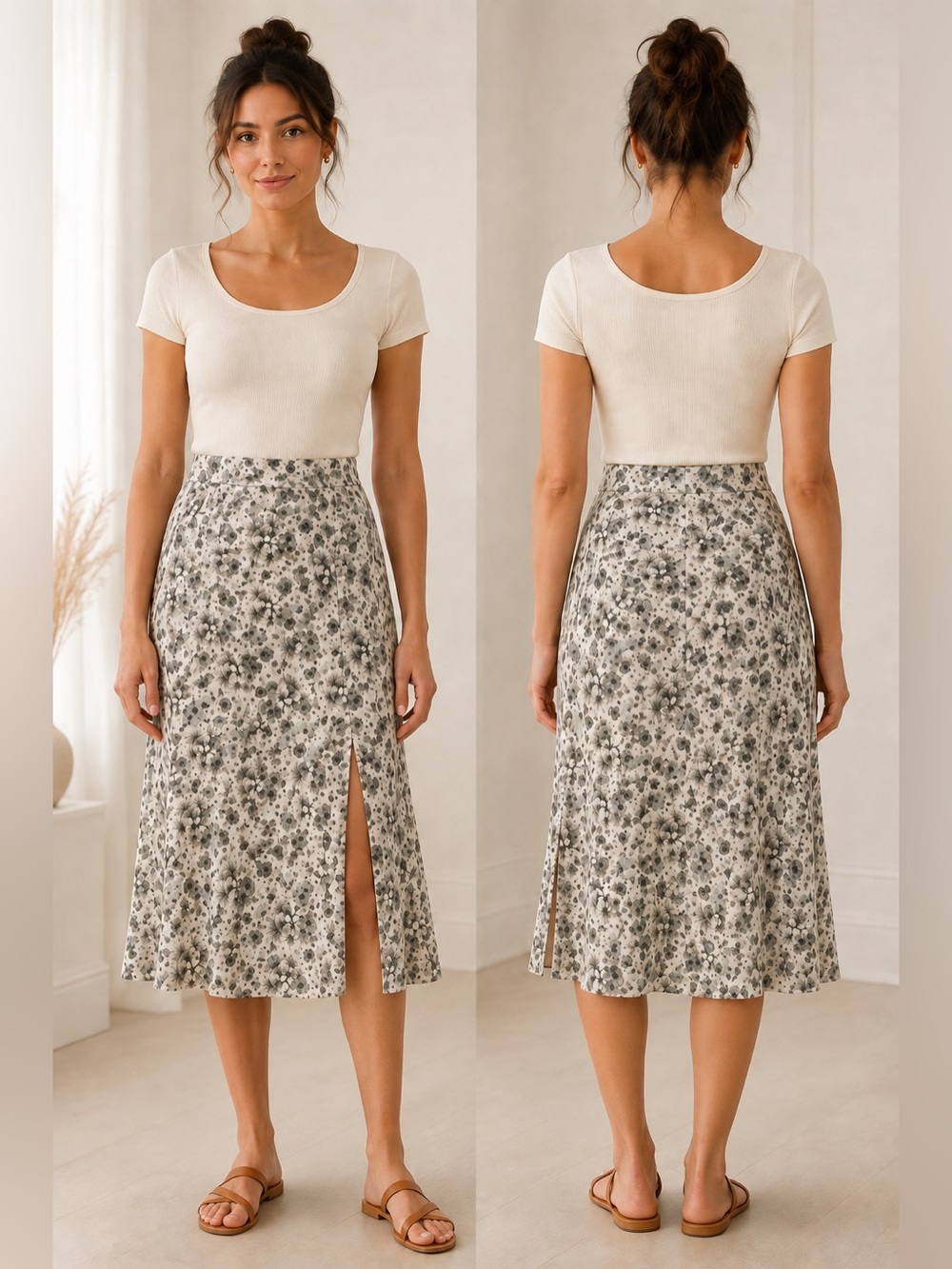 H&M Floral Midi Skirt Side Slit Cream Sage Women’s Size 4 NWT